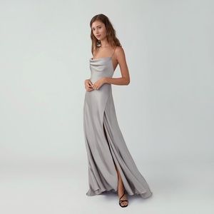 fame and partners scrappy draped gown silver